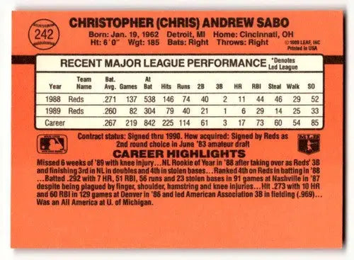 1990 Donruss #242 Chris Sabo Cincinnati Reds Baseball Cards EX/NM ID:59574 - Baseball Card Single