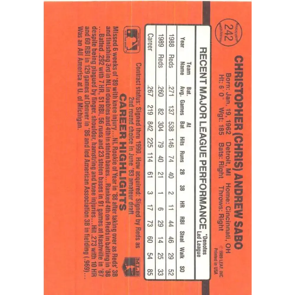 1990 Donruss #242 Chris Sabo VG-EX Cincinnati Reds Baseball Card - Baseball Card Single