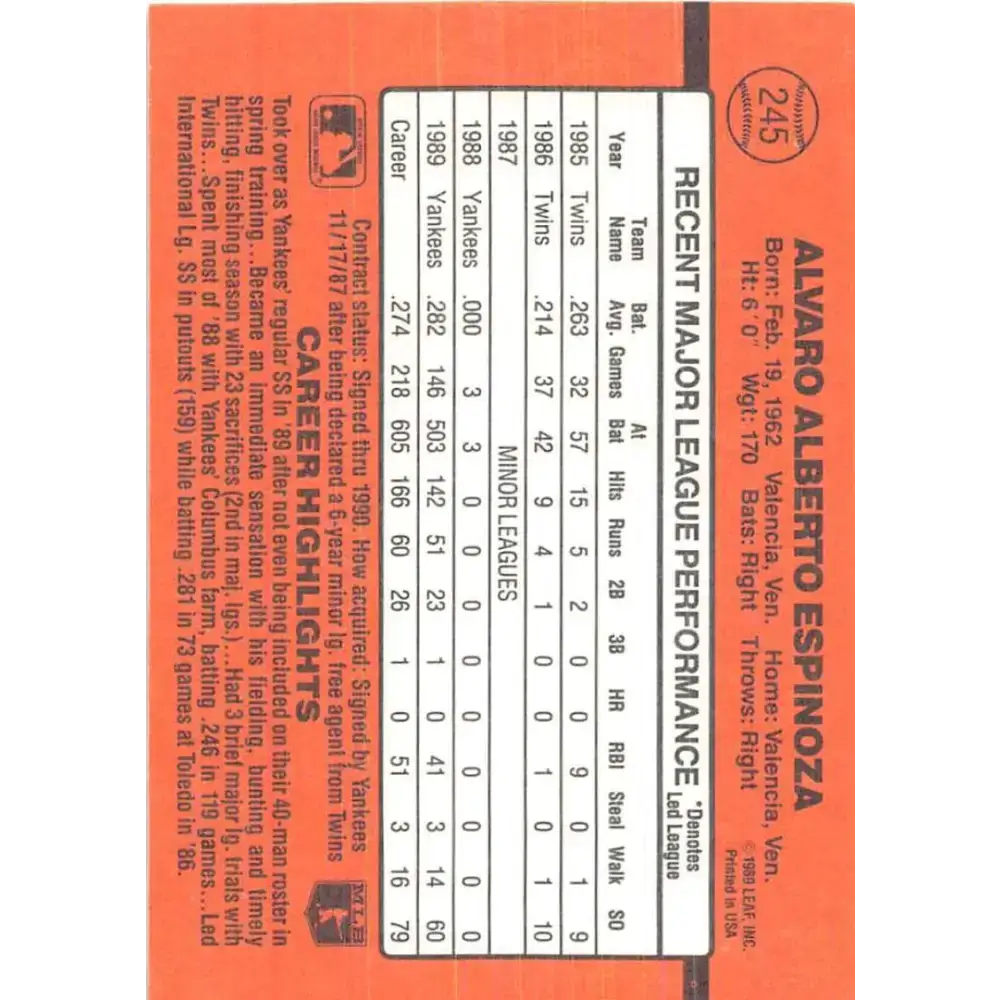 1990 Donruss #245 Alvaro Espinoza VG-EX New York Yankees Baseball Card - Baseball Card Single