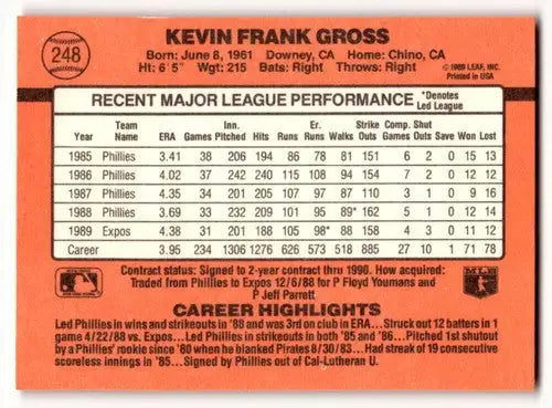 1990 Donruss #248 Kevin Gross Montreal Expos Baseball Cards EX/NM ID:59130 - Baseball Card Single