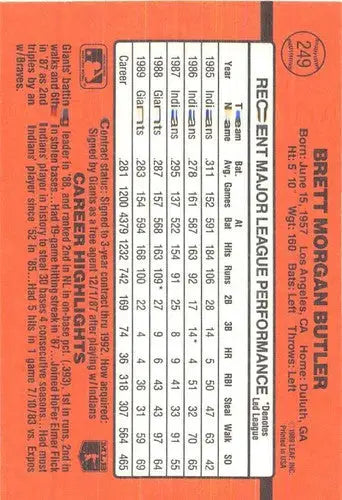 1990 Donruss #249 Brett Butler NM Near Mint Giants - Baseball Card Single