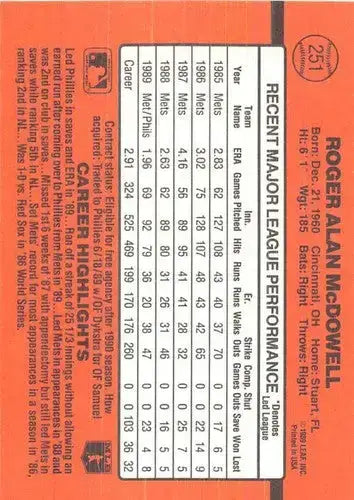 1990 Donruss #251 Roger McDowell NM-MT Phillies - Baseball Card Single