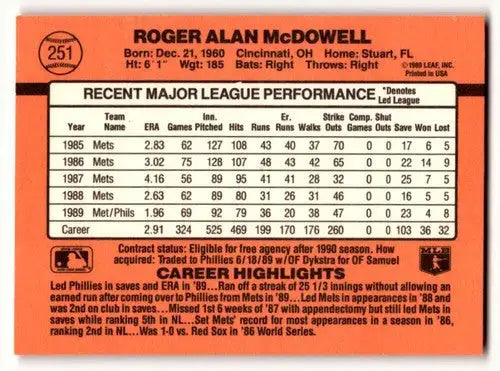 1990 Donruss #251 Roger McDowell Philadelphia Phillies Baseball Card ID:56212 - Baseball Card Single