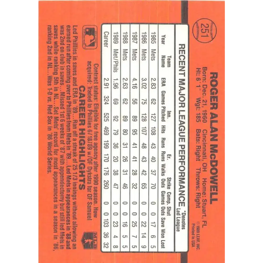 1990 Donruss #251 Roger McDowell VG-EX Philadelphia Phillies Baseball Card - Baseball Card Single