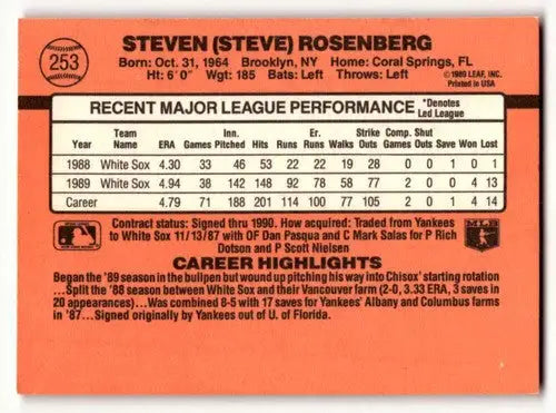 Baseball card back showing original gloss for Steve Rosenberg Chicago White Sox card