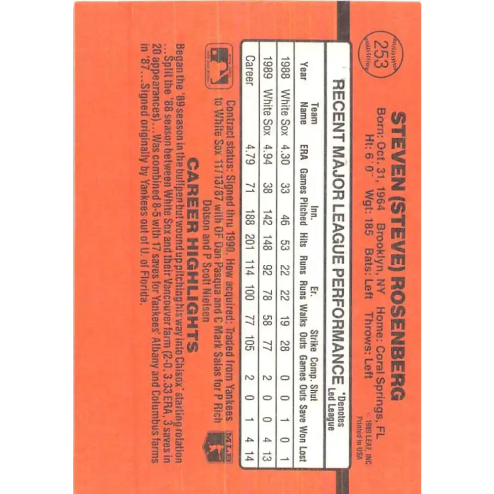 1990 Donruss #253 Steve Rosenberg VG-EX Chicago White Sox Baseball Card - Baseball Card Single
