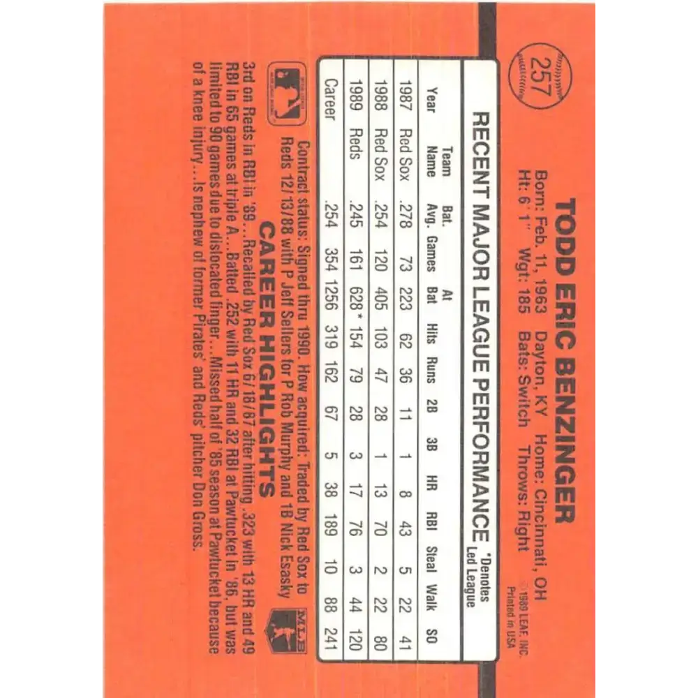 1990 Donruss #257 Todd Benzinger VG-EX Cincinnati Reds Baseball Card - Baseball Card Single