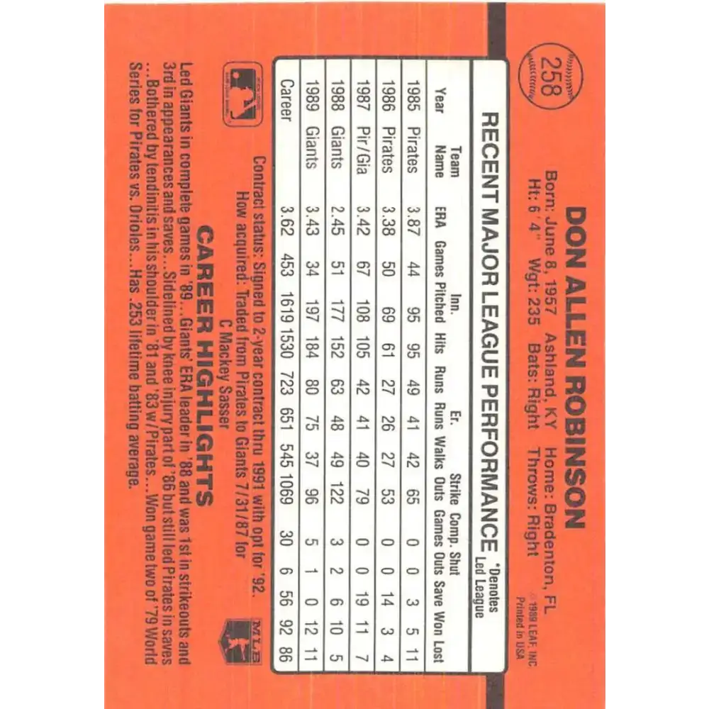 1990 Donruss #258 Don Robinson VG-EX San Francisco Giants Baseball Card - Baseball Card Single
