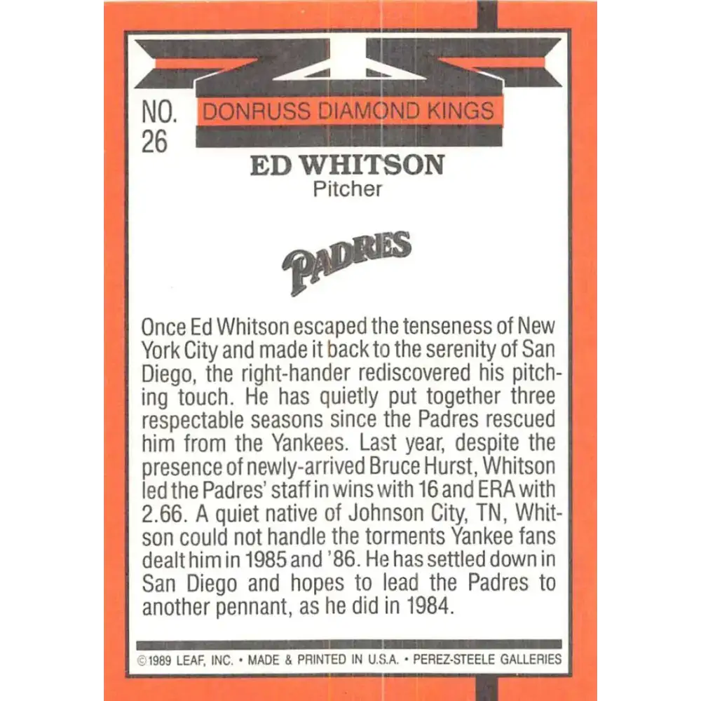 1990 Donruss #26 Ed Whitson DK DP VG-EX San Diego Padres Baseball Card - Baseball Card Single