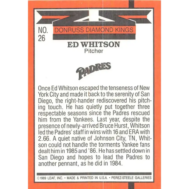 1990 Donruss #26 Ed Whitson DK DP VG-EX San Diego Padres Baseball Card - Baseball Card Single