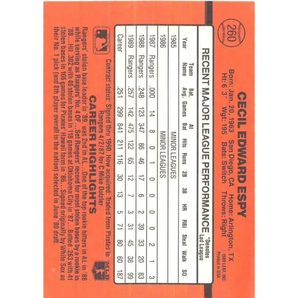 1990 Donruss #260 Cecil Espy VG-EX Texas Rangers Baseball Card - Baseball Card Single