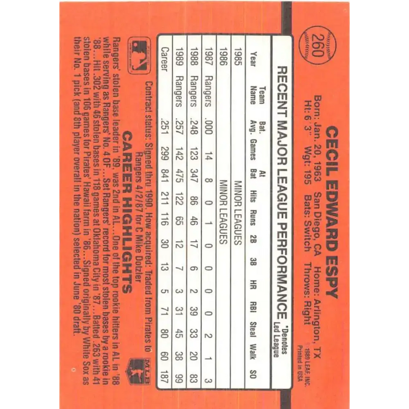 1990 Donruss #260 Cecil Espy VG-EX Texas Rangers Baseball Card - Baseball Card Single