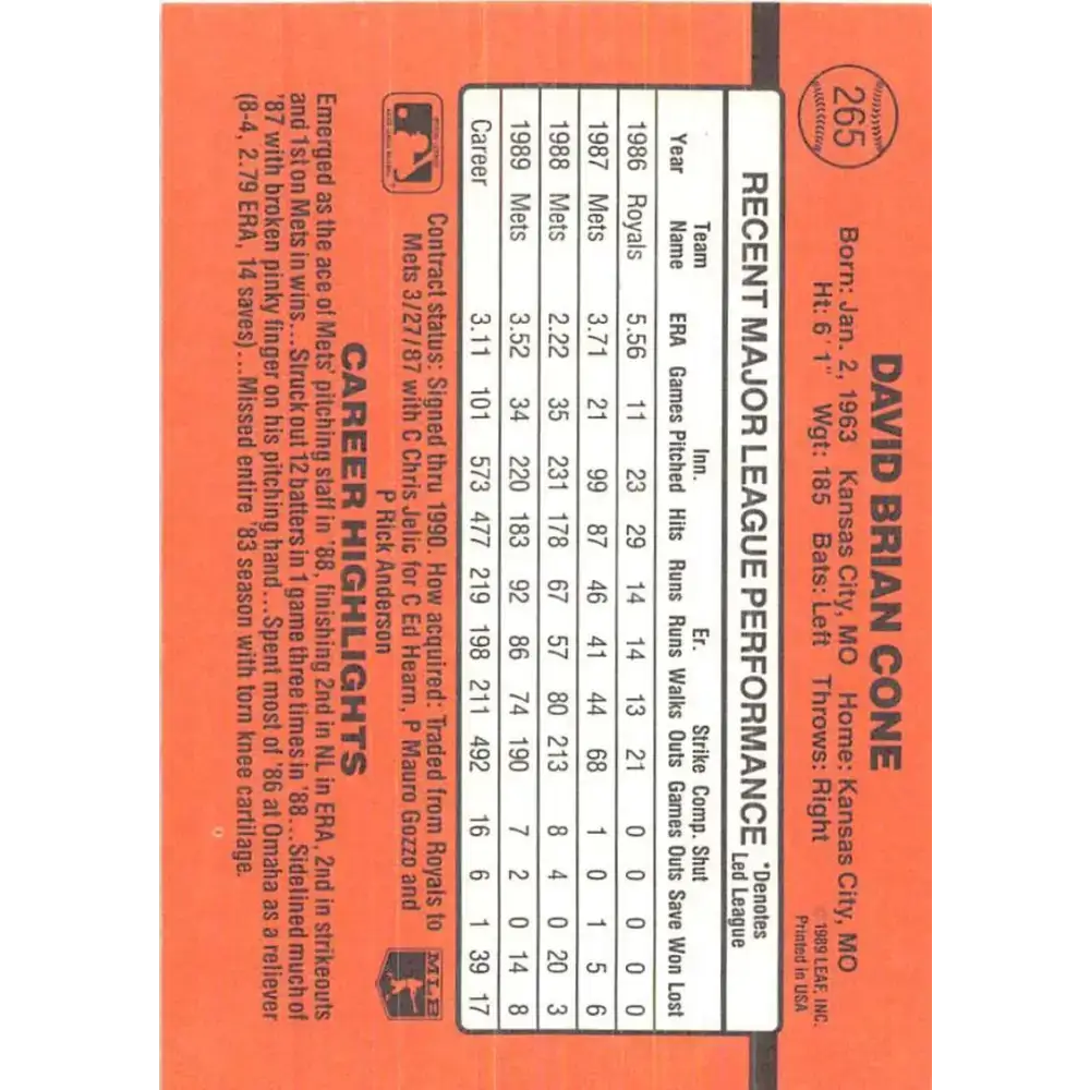 1990 Donruss #265 David Cone VG-EX New York Mets Baseball Card - Baseball Card Single