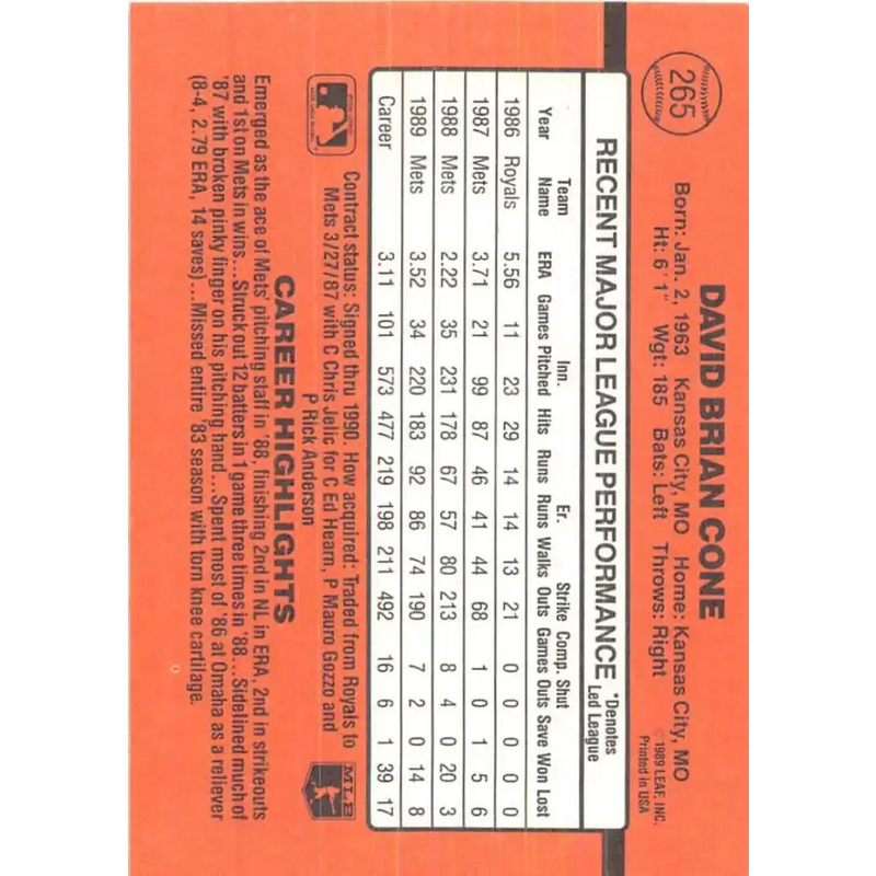 1990 Donruss #265 David Cone VG-EX New York Mets Baseball Card - Baseball Card Single