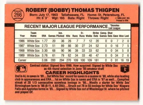 Original gloss of Baseball card back featuring Bobby Thigpen Chicago White Sox