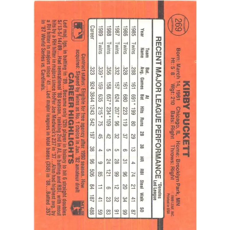 1990 Donruss #269 Kirby Puckett VG-EX Minnesota Twins Baseball Card - Baseball Card Single