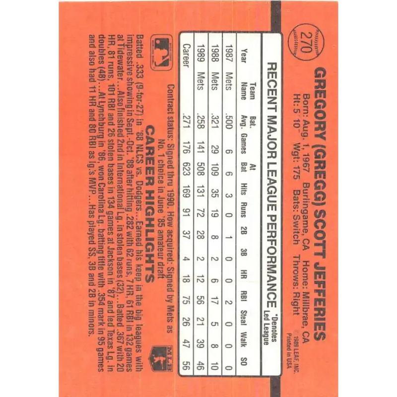 1990 Donruss #270 Gregg Jefferies VG-EX New York Mets Baseball Card - Baseball Card Single