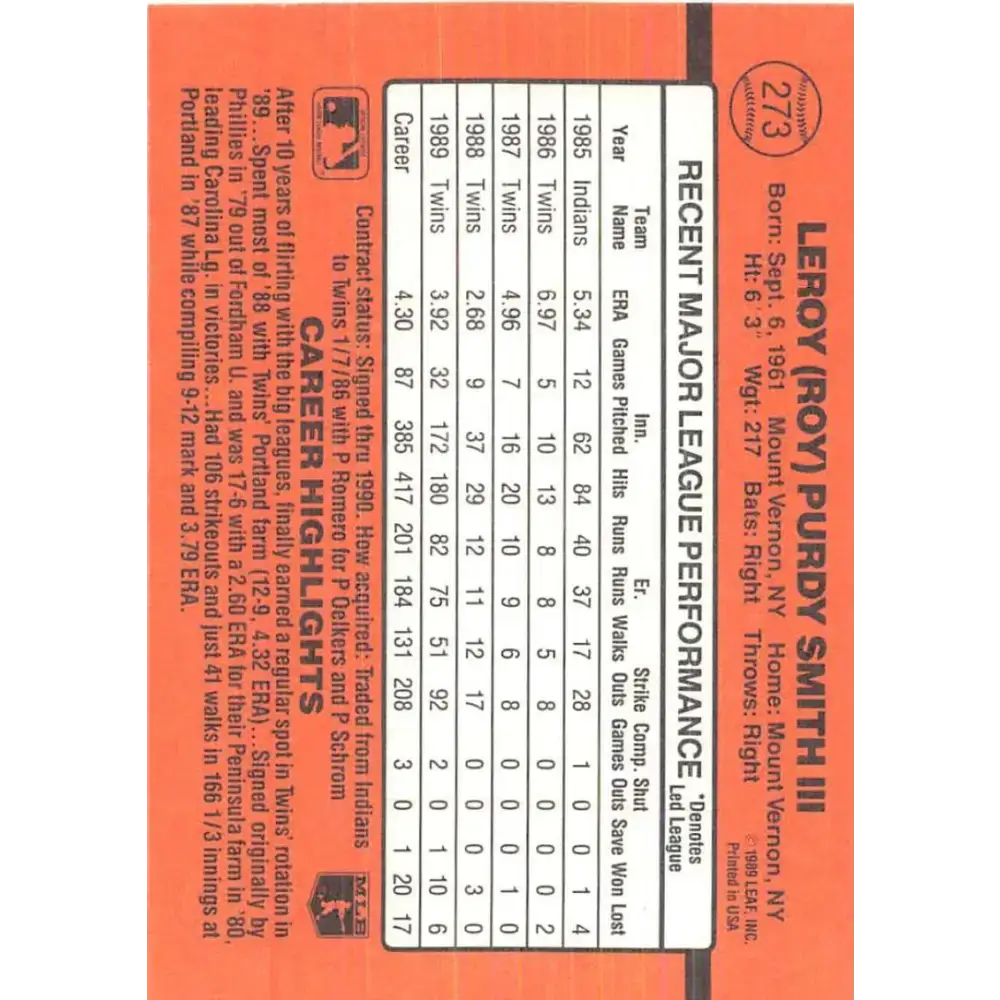 1990 Donruss #273 Roy Smith VG-EX Minnesota Twins Baseball Card - Baseball Card Single