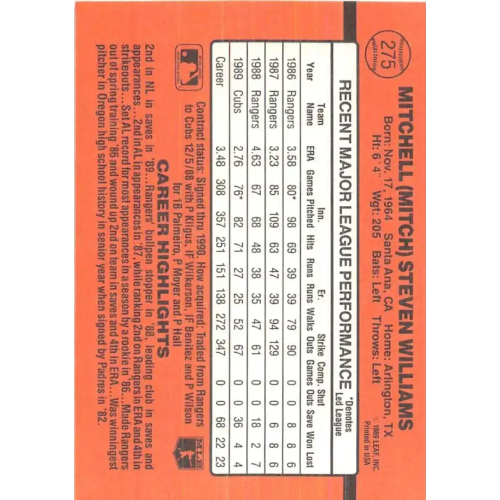 1990 Donruss #275 Mitch Williams VG-EX Chicago Cubs Baseball Card - Baseball Card Single