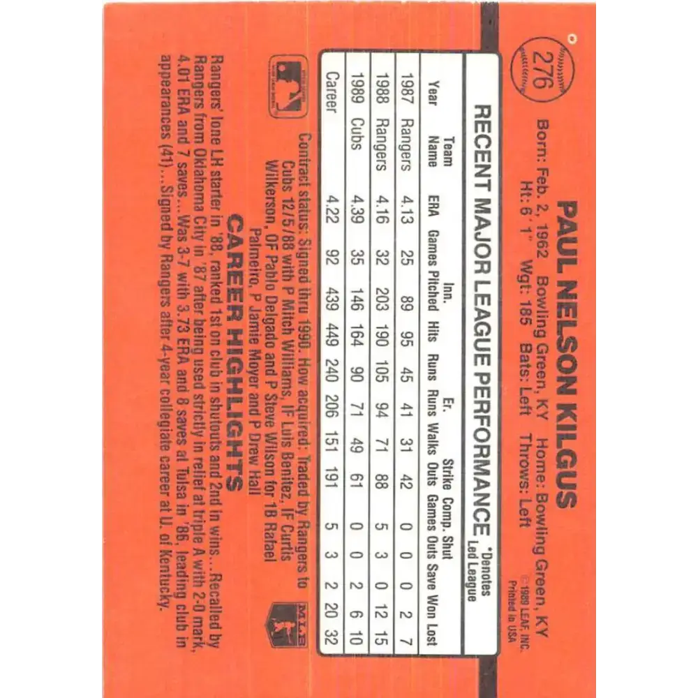 1990 Donruss #276 Paul Kilgus VG-EX Chicago Cubs Baseball Card - Baseball Card Single