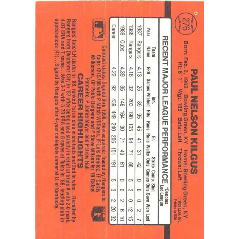1990 Donruss #276 Paul Kilgus VG-EX Chicago Cubs Baseball Card - Baseball Card Single