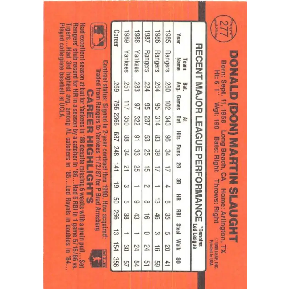 1990 Donruss #277 Don Slaught VG-EX New York Yankees Baseball Card - Baseball Card Single