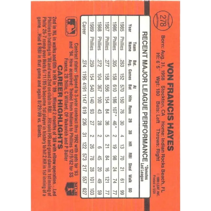 1990 Donruss #278 Von Hayes VG-EX Philadelphia Phillies Baseball Card - Baseball Card Single
