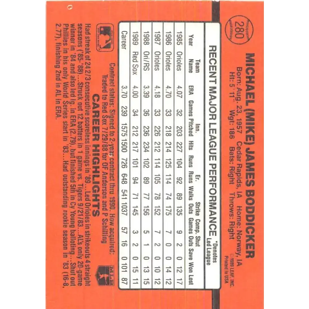 1990 Donruss #280 Mike Boddicker VG-EX Boston Red Sox Baseball Card - Baseball Card Single