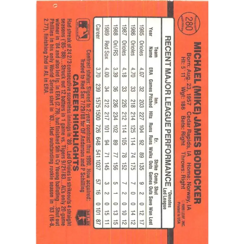 1990 Donruss #280 Mike Boddicker VG-EX Boston Red Sox Baseball Card - Baseball Card Single
