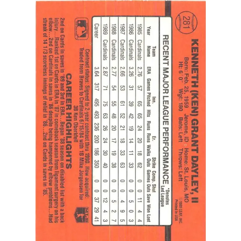 1990 Donruss #281 Ken Dayley VG-EX St. Louis Cardinals Baseball Card - Baseball Card Single