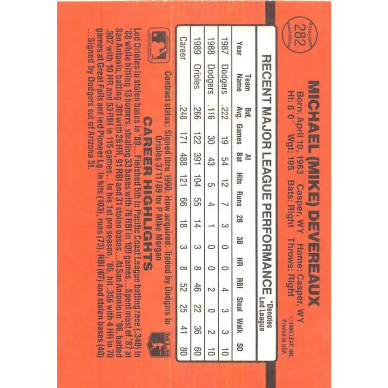 1990 Donruss #282 Mike Devereaux VG-EX Baltimore Orioles Baseball Card - Baseball Card Single