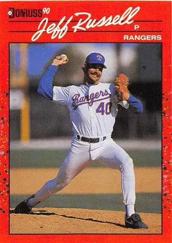 Original gloss 1990 Donruss Jeff Russell baseball card featuring Rangers player Simply Sandoval