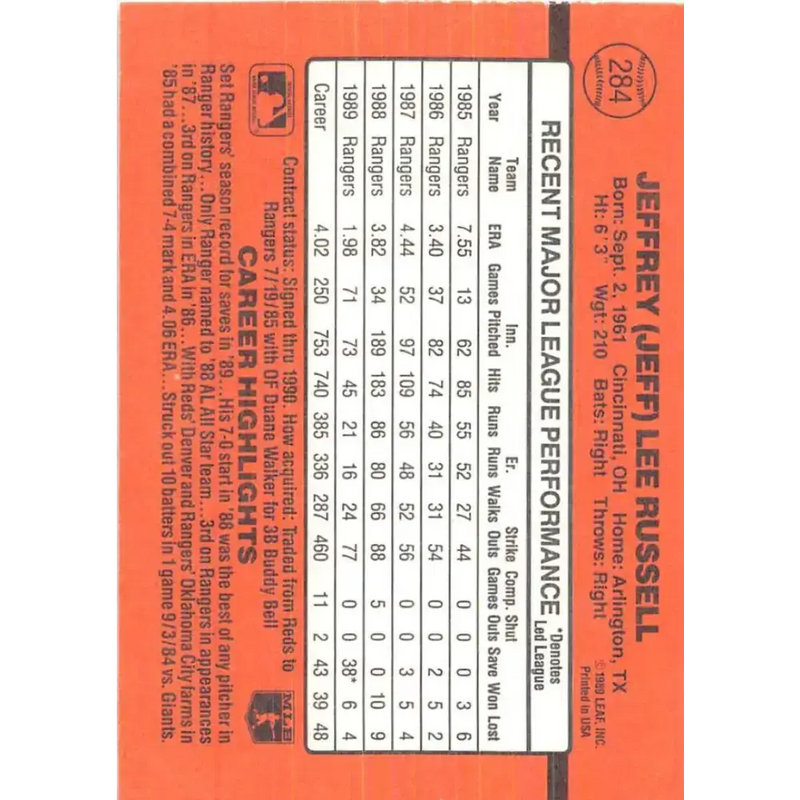 1990 Donruss #284 Jeff Russell VG-EX Texas Rangers Baseball Card - Baseball Card Single