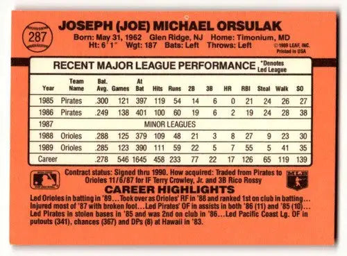 Joe Orsulak Orioles baseball card back with original gloss from 1990 Donruss #287