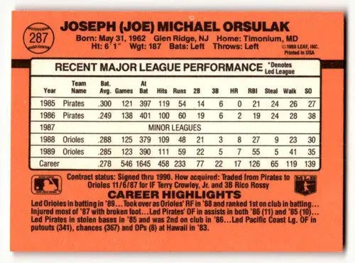 Baseball card back with original gloss for Joe Orsulak Baltimore Orioles card