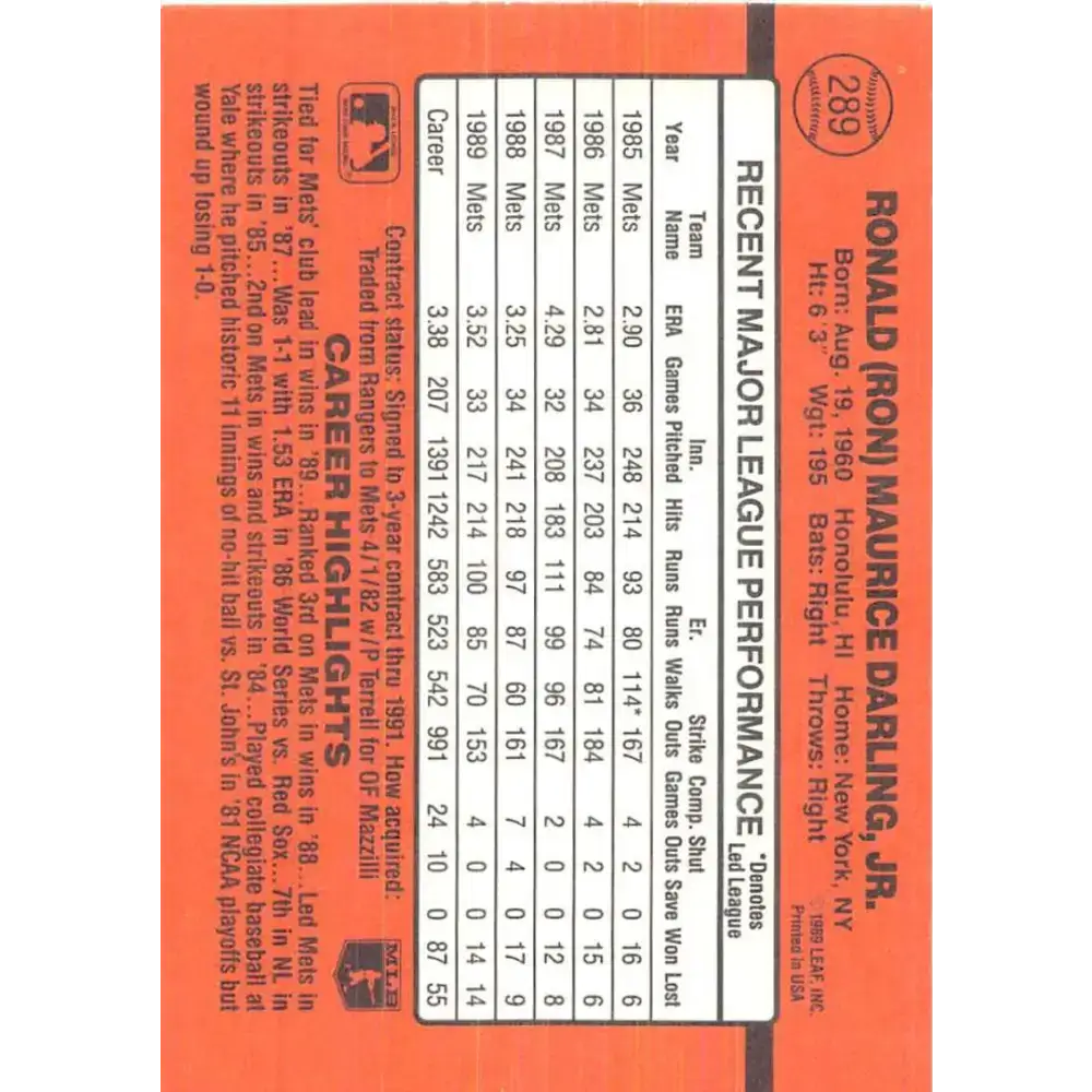 1990 Donruss #289 Ron Darling VG-EX New York Mets Baseball Card - Baseball Card Single