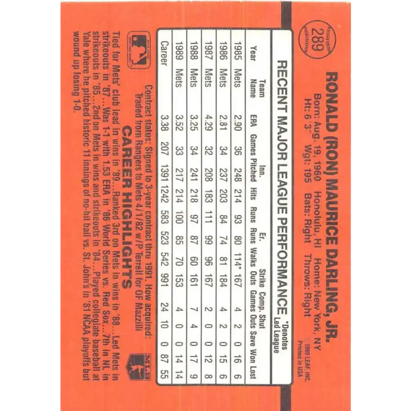 1990 Donruss #289 Ron Darling VG-EX New York Mets Baseball Card - Baseball Card Single