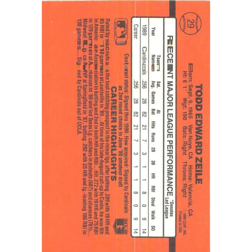 1990 Donruss #29 Todd Zeile VG-EX St. Louis Cardinals Baseball Card - Baseball Card Single