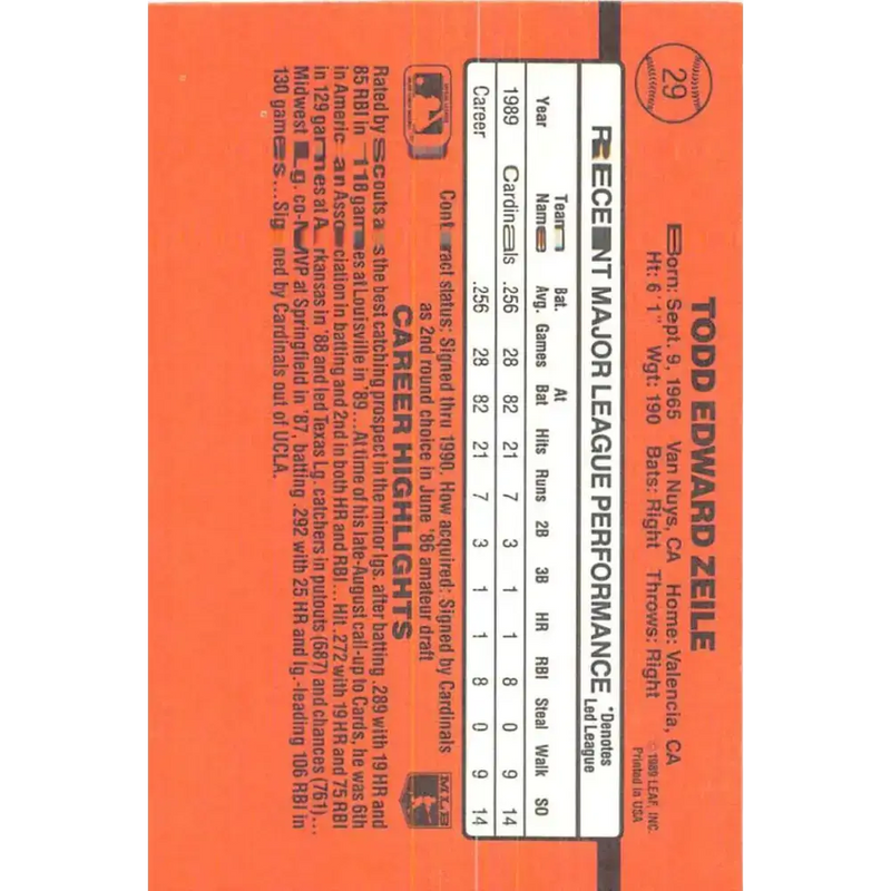 1990 Donruss #29 Todd Zeile VG-EX St. Louis Cardinals Baseball Card - Baseball Card Single
