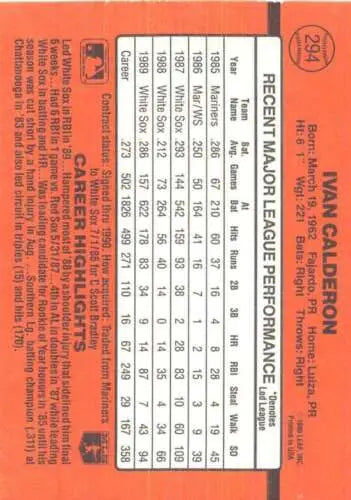 Ivan Calderon baseball card back from 1990 Donruss #294, featuring original gloss