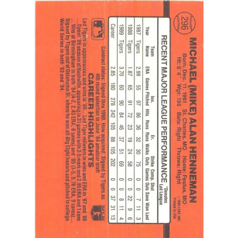 1990 Donruss #296 Mike Henneman VG-EX Detroit Tigers Baseball Card - Baseball Card Single