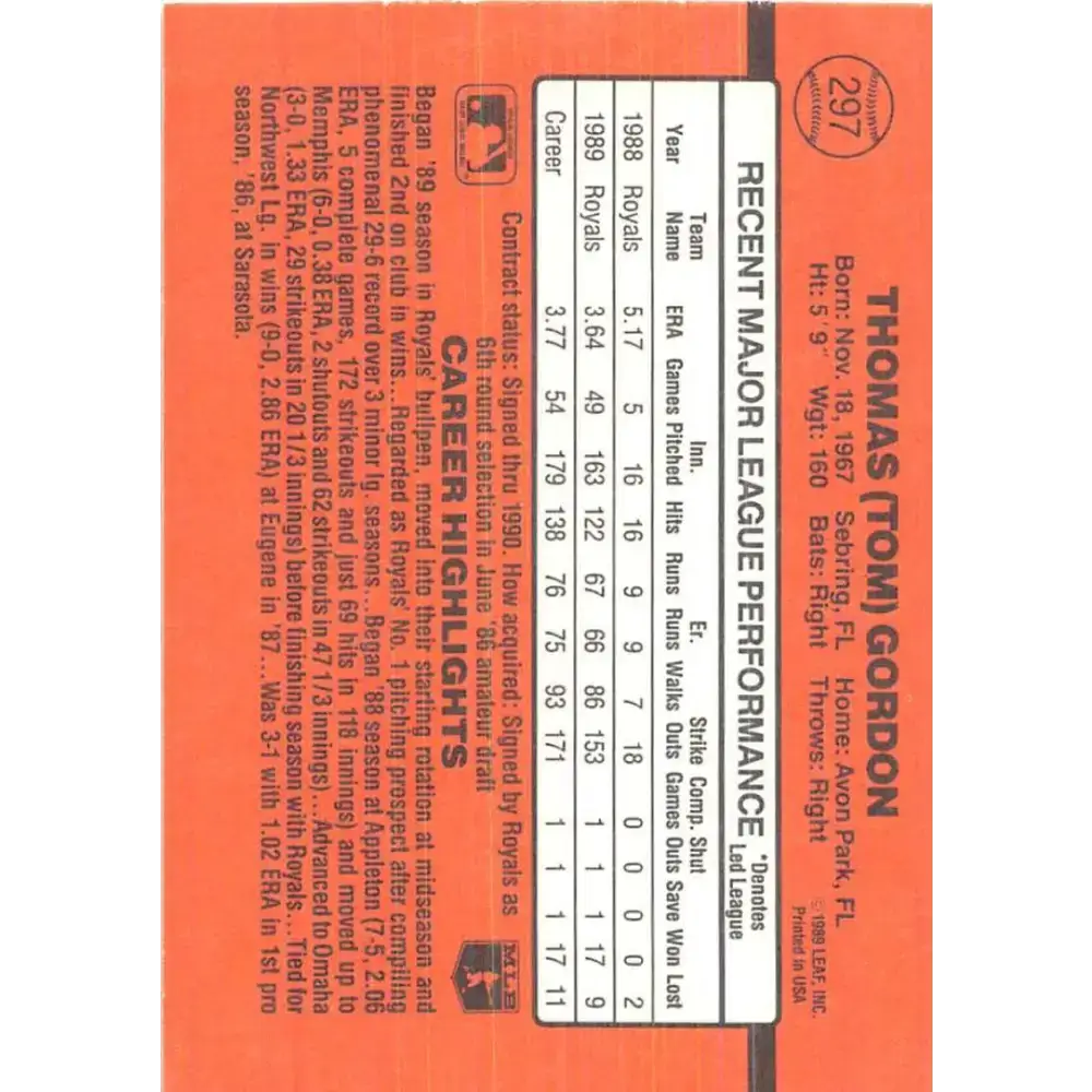 1990 Donruss #297 Tom Gordon VG-EX Kansas City Royals Baseball Card - Baseball Card Single