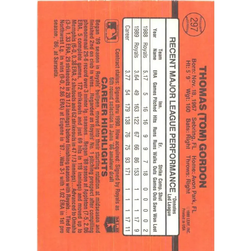 1990 Donruss #297 Tom Gordon VG-EX Kansas City Royals Baseball Card - Baseball Card Single