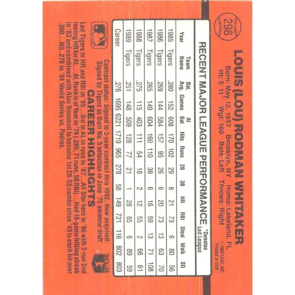 1990 Donruss #298 Lou Whitaker VG-EX Detroit Tigers Baseball Card - Baseball Card Single
