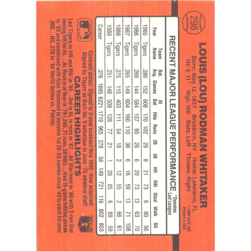 1990 Donruss #298 Lou Whitaker VG-EX Detroit Tigers Baseball Card - Baseball Card Single