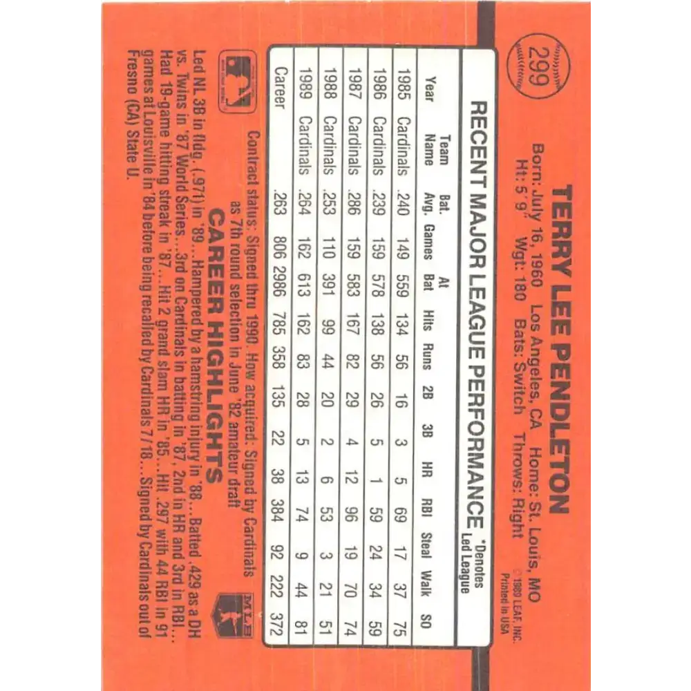 1990 Donruss #299 Terry Pendleton VG-EX St. Louis Cardinals Baseball Card - Baseball Card Single