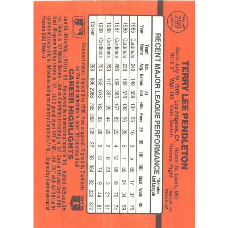 1990 Donruss #299 Terry Pendleton VG-EX St. Louis Cardinals Baseball Card - Baseball Card Single