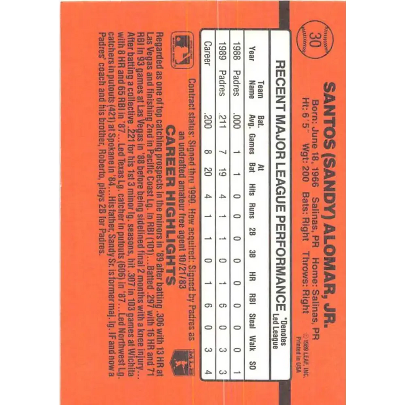 1990 Donruss #30 Sandy Alomar Jr. VG-EX San Diego Padres Baseball Card - Baseball Card Single