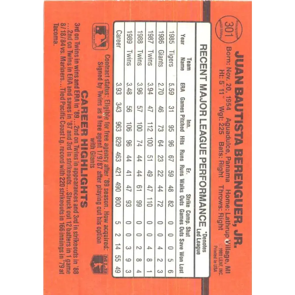 1990 Donruss #301 Juan Berenguer VG-EX Minnesota Twins Baseball Card - Baseball Card Single