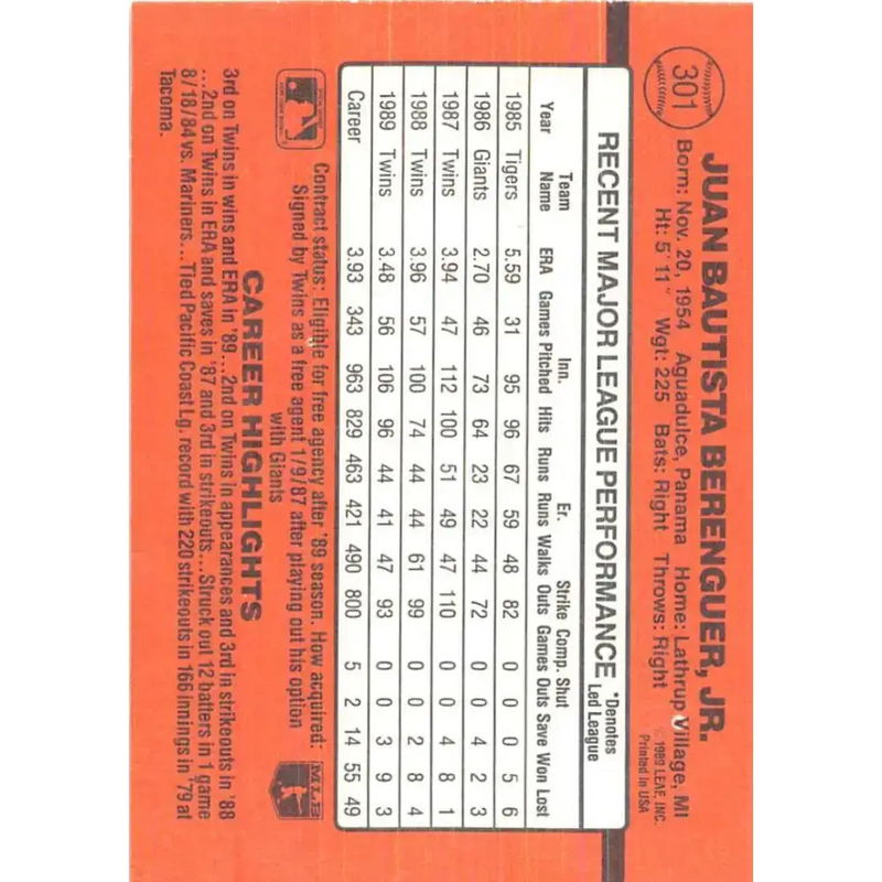 1990 Donruss #301 Juan Berenguer VG-EX Minnesota Twins Baseball Card - Baseball Card Single
